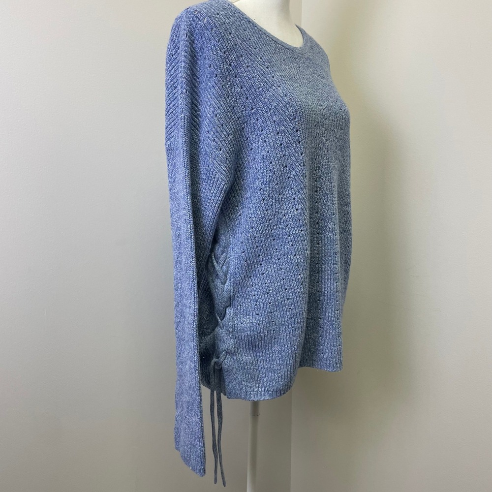 Talbots Blue Heather Pointelle Lace Up Side Pullover Sweater XL Cotton Blend - Picture 4 of 15